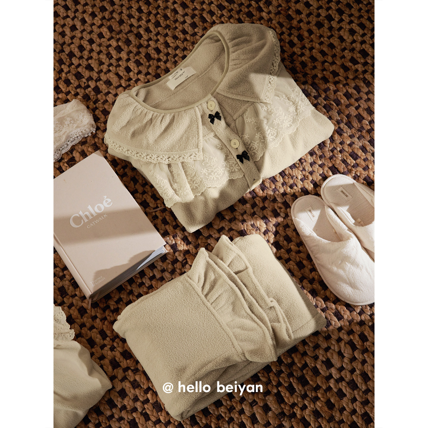 贝妍珊瑚绒睡衣女秋冬加厚保暖甜美蝴蝶结公主风娃娃领少女家居服