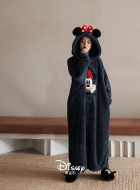 迪士尼新款珊瑚绒睡衣女款冬季加厚加绒睡裙慵懒可外穿法兰绒睡袍