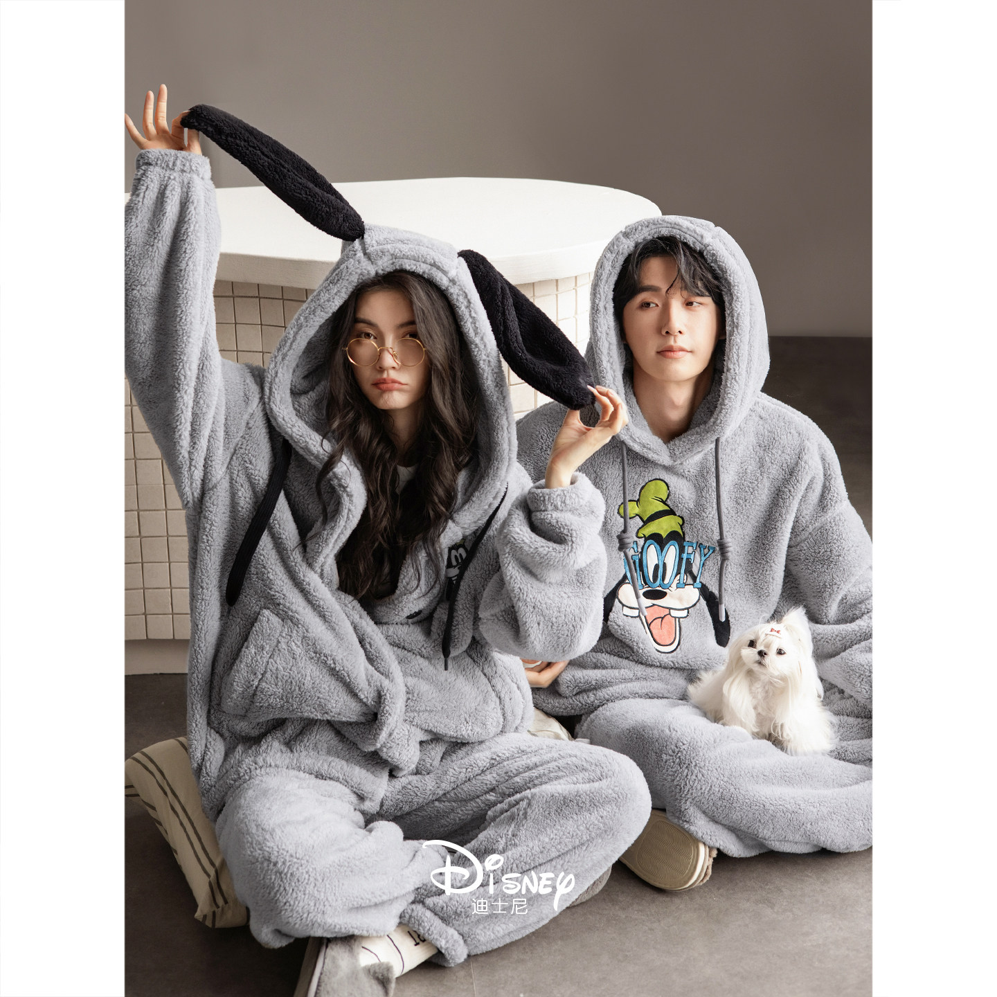 迪士尼连帽情侣睡衣珊瑚绒加厚保暖法兰绒男女冬款高飞家居服套装