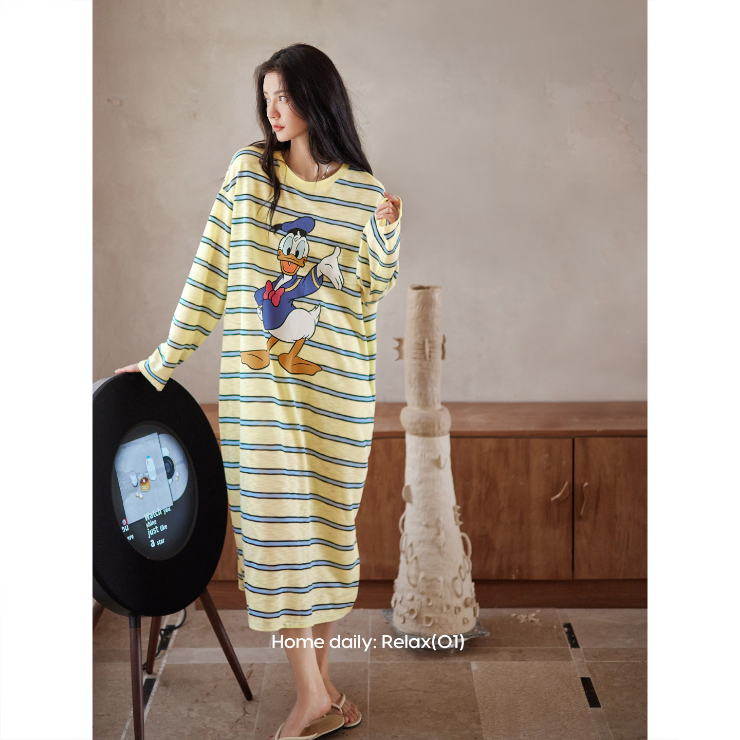 新款睡衣女春秋薄款纯棉长袖可爱卡通睡裙慵懒宽松少女条纹连衣裙