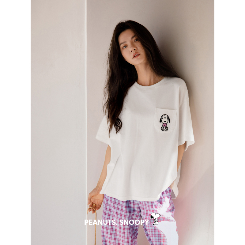 贝妍睡衣女夏薄款纯棉短袖格子长裤套装休闲宽松少女史努比家居服