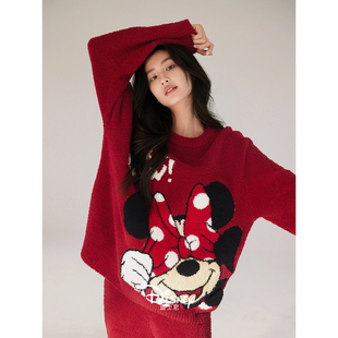 迪士尼新婚珊瑚绒睡衣女款冬季本命年红家居服保暖半边绒结婚套装