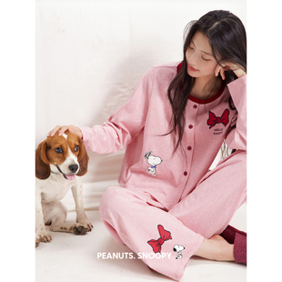 贝妍甜美韩系少女早秋新款长袖睡衣可爱史努比柔软家居服外穿套装
