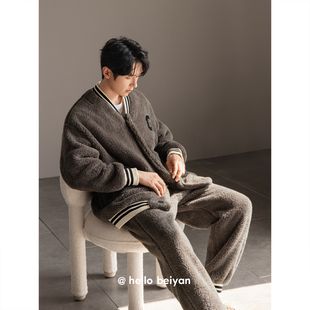 贝妍珊瑚绒睡衣男款冬季加厚保暖法兰绒套装时尚棒球服加绒家居服