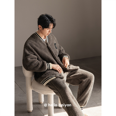 贝妍男款冬季加厚保暖珊瑚绒睡衣