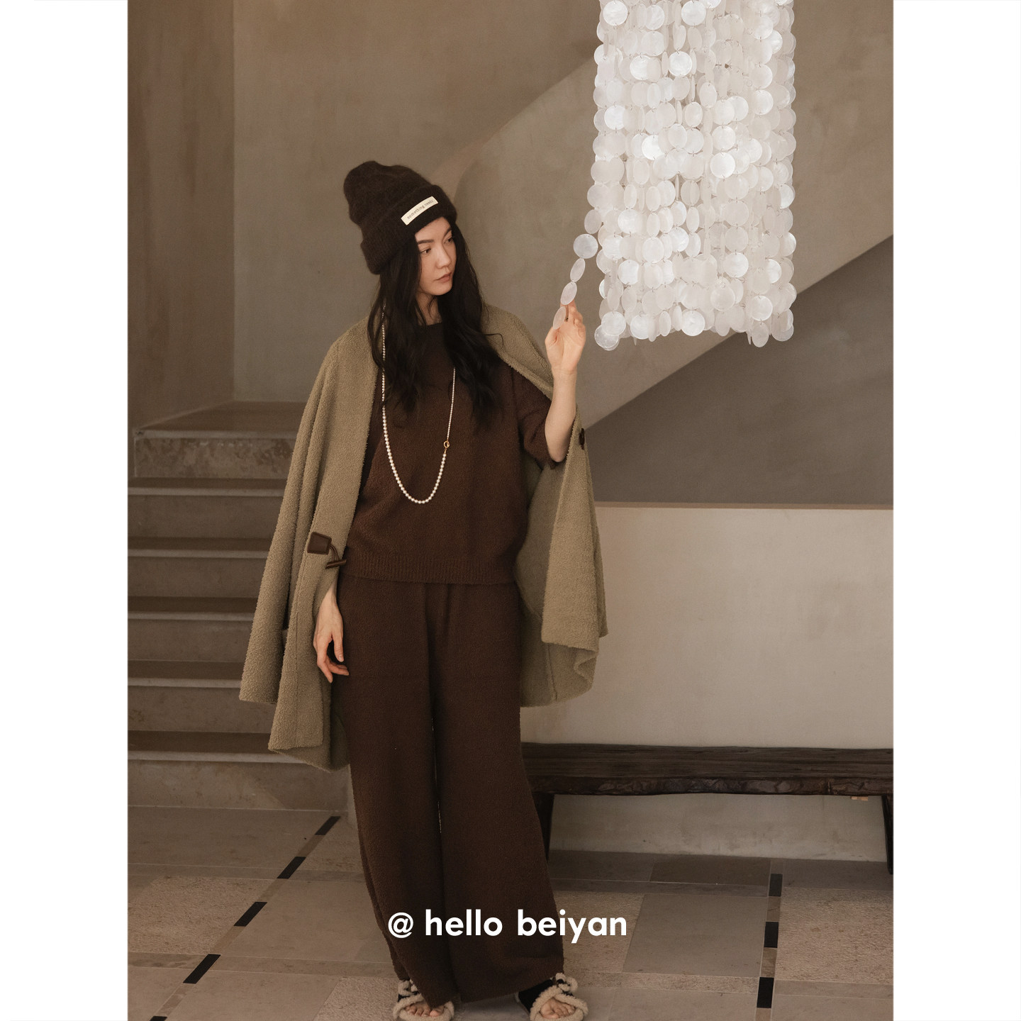 贝妍半边绒睡衣女三件套秋冬款加厚保暖珊瑚绒高级感外穿毛衣外套