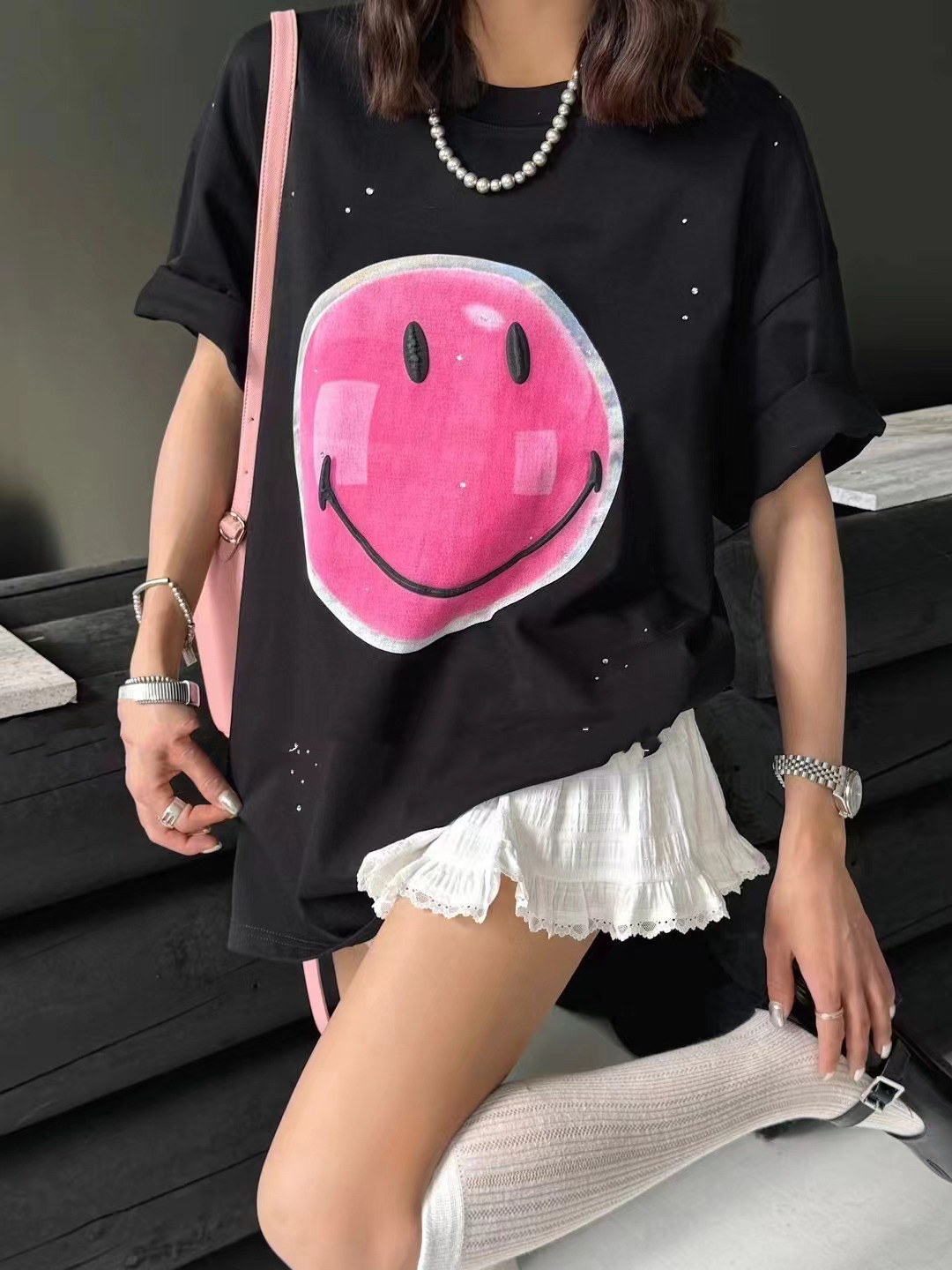 XNX2024春夏欧货新款十三行女装笑脸印花短袖T恤女中长款上衣潮流