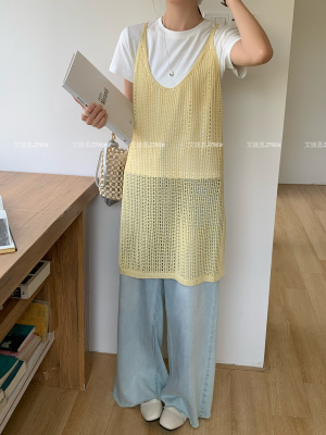 NX2025早春新款十三行女装韩系镂空针织背心裙叠穿短袖T恤两件套