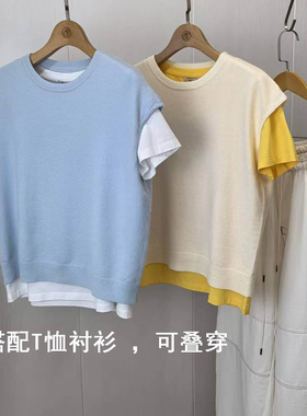 2537夏季女装新品纯色圆领无袖针织衫套头T恤上衣休闲百搭通勤OL