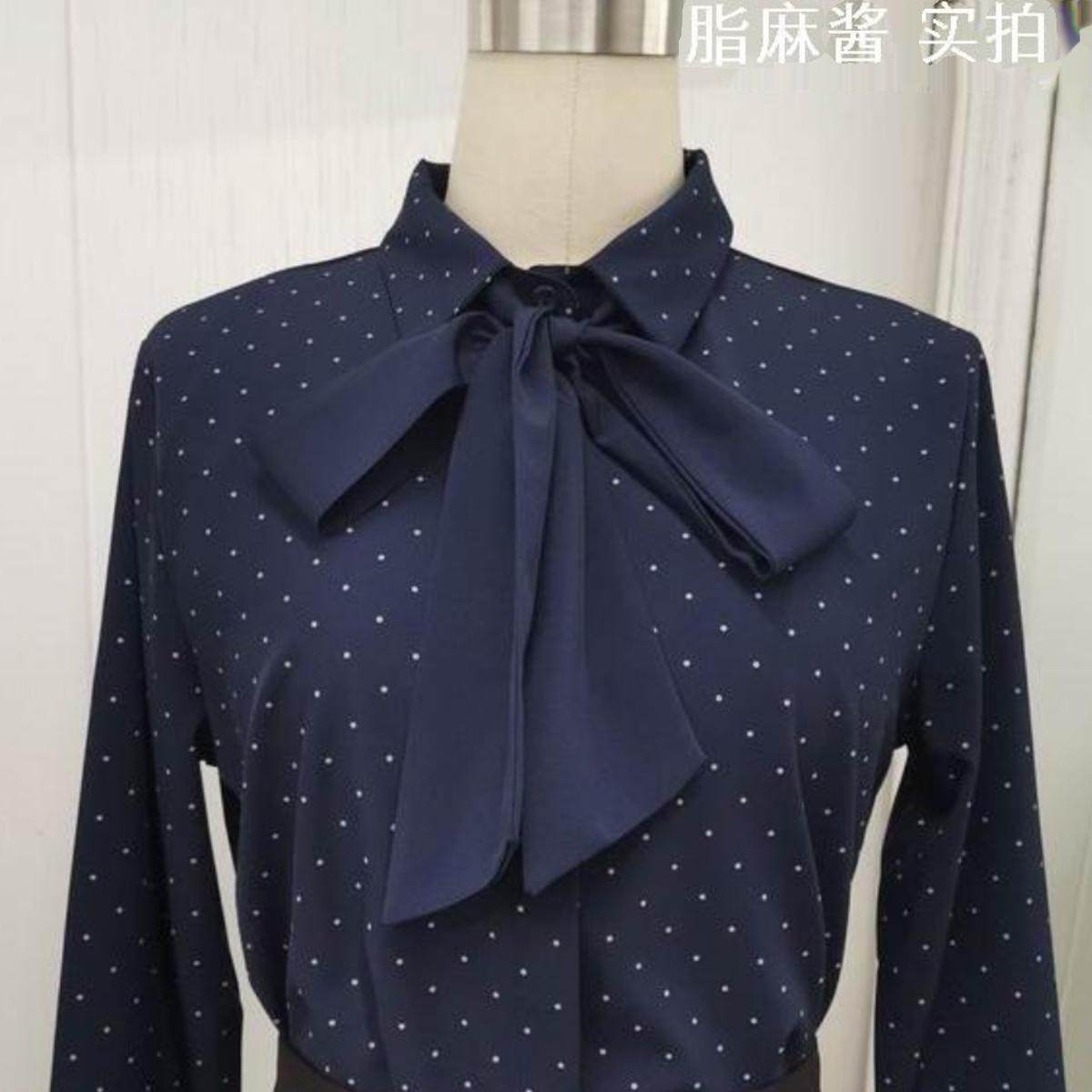 W8001春秋女装时尚波点翻领蝴蝶结领带长袖衬衫上衣通勤OL休闲