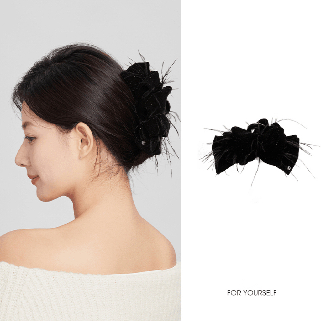 韩版黑色百搭羽毛抓夹蓬松发夹女2025新款高端鲨鱼夹洋气发饰头饰
