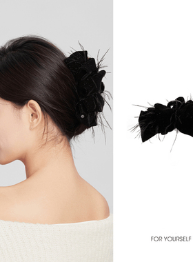 韩版黑色百搭羽毛抓夹蓬松发夹女2025新款高端鲨鱼夹洋气发饰头饰