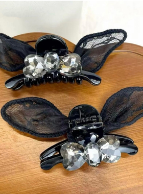 黑色精灵耳新款AB面蕾丝大钻兔耳朵俏皮抓夹刘海夹侧边夹女发夹