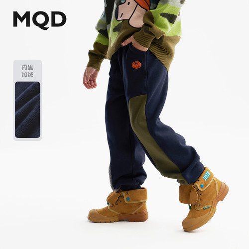 MQD童装男童加绒运动裤2025冬季新款儿童加厚保暖拼接束脚休闲裤