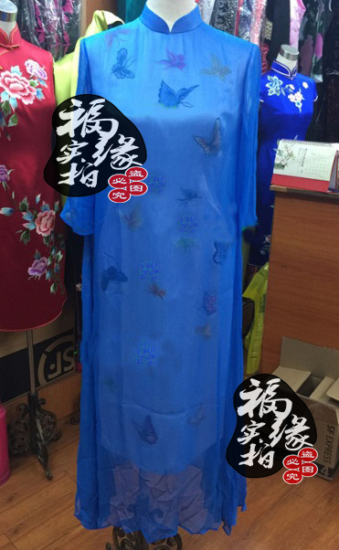 改良休闲旗袍裙真丝新款白色蝴蝶刺绣私人定制雪纺纱中袖禅意服