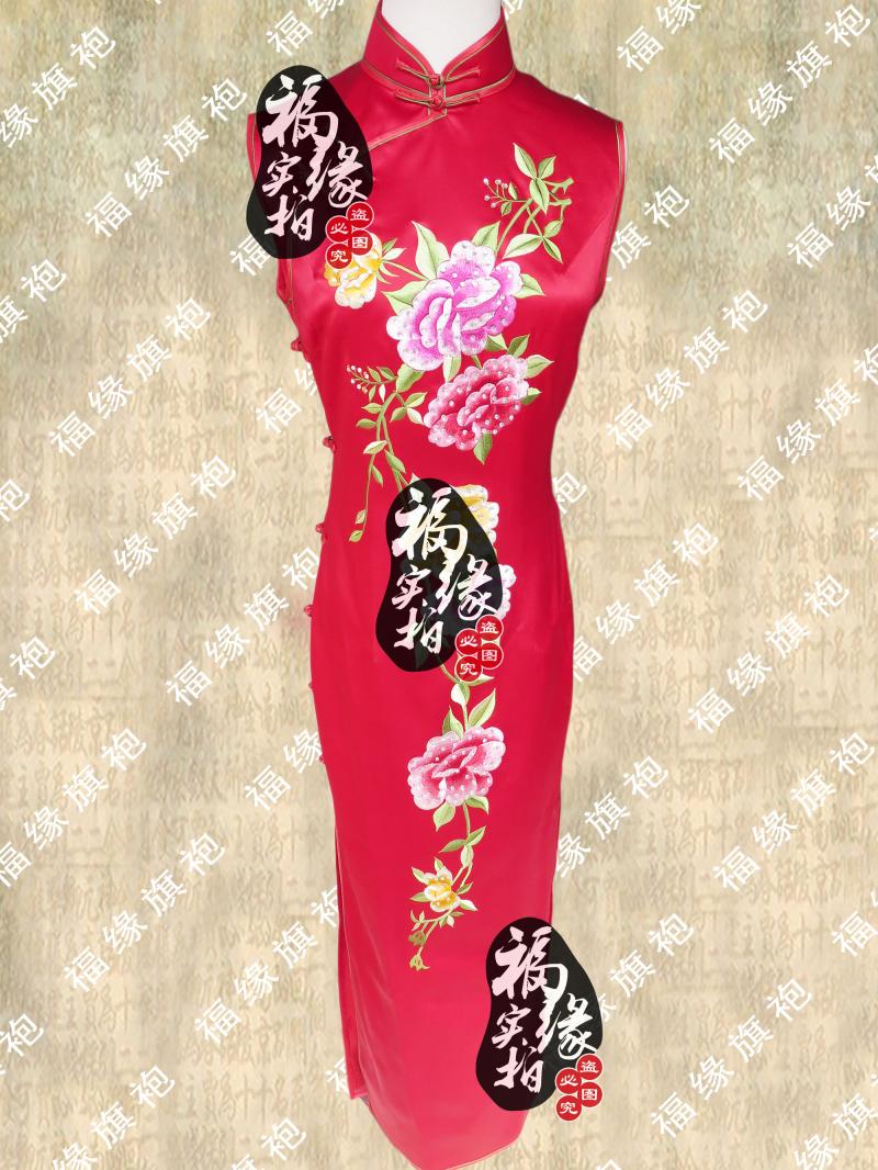 定做时尚复古大红重磅真丝流芳绣花旗袍定做婚庆敬酒服新娘旗袍服