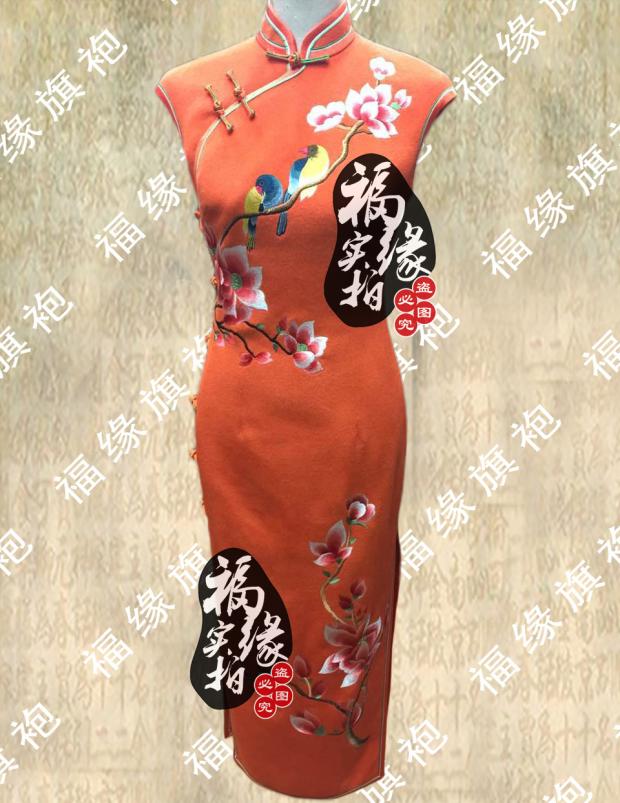 走秀宴会老上海羊绒旗袍定制做橘色绣花婆妈款秋冬长结婚礼服