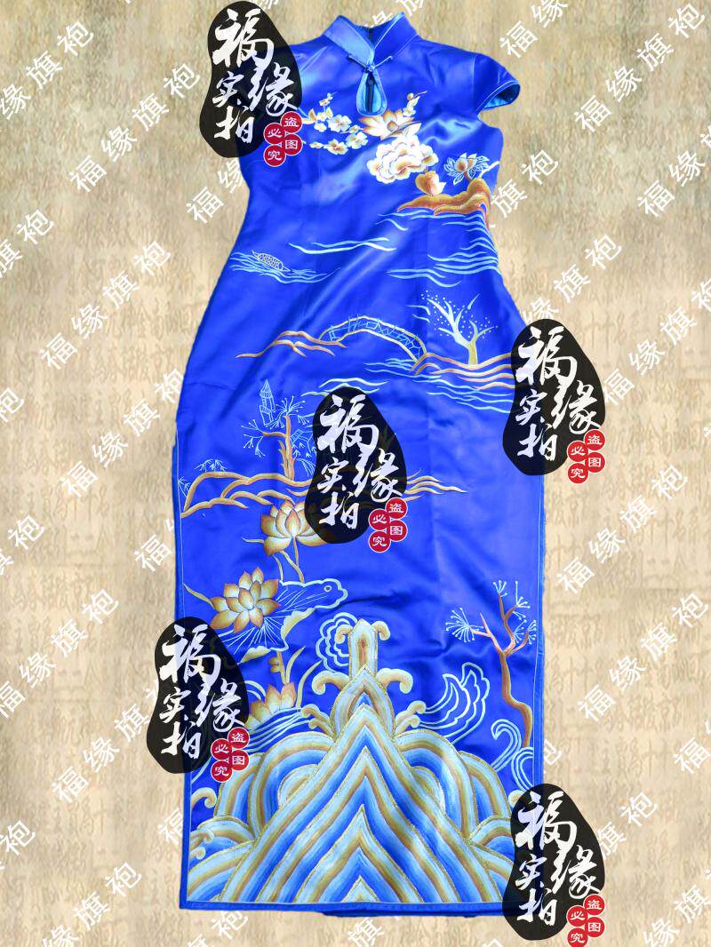 宝蓝重磅真丝绣花旗袍定制江南夜色时尚公司年会宴会礼服唐装定做