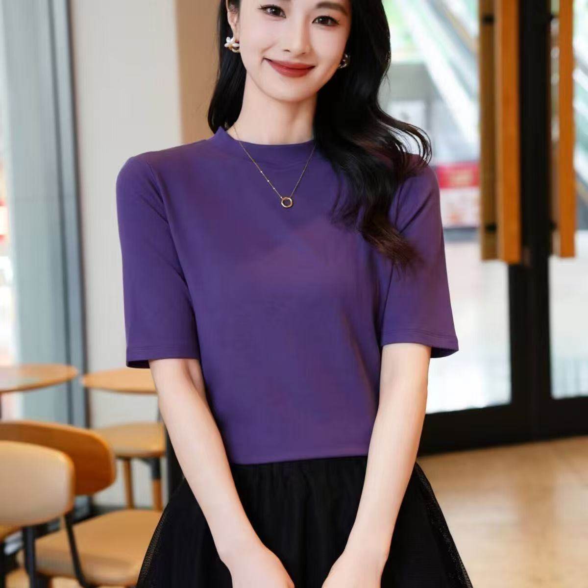 2025秋冬五分袖圆领冰氧棉时尚百搭上衣女纯色中袖显瘦打底T恤女