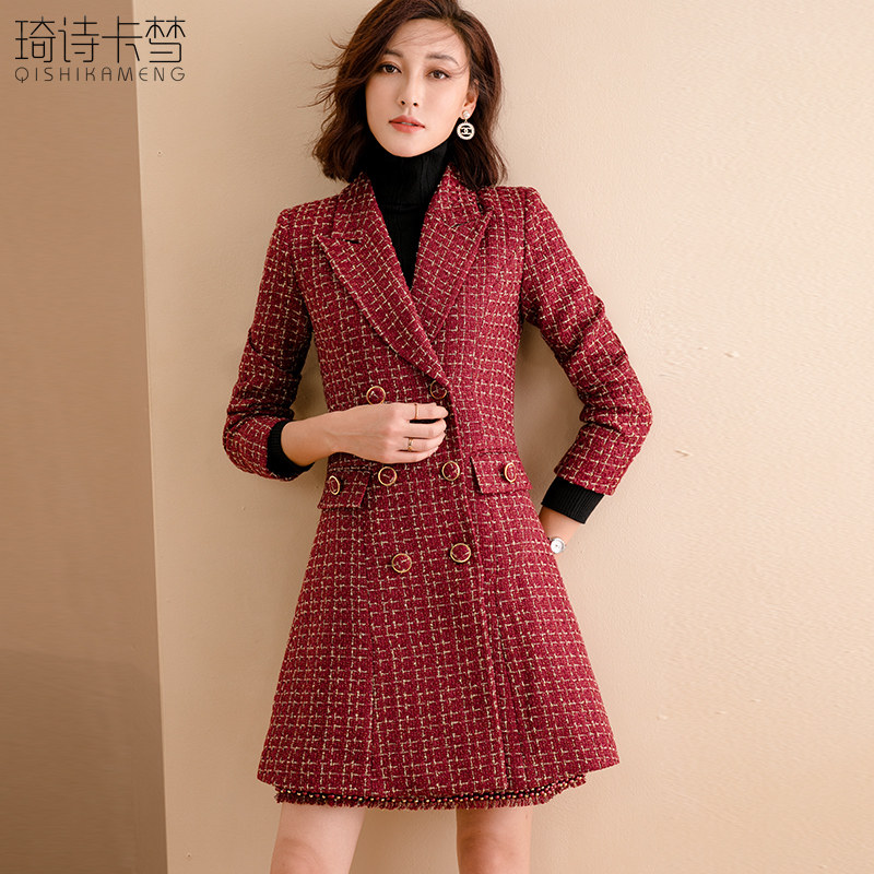 红色小香风外套女法式秋冬季新款修身显瘦气质名媛中长款毛呢大衣