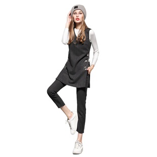 套 女V领中长上衣懒人春高腰纯色九分裤 奈昕个性 化私人订制124309