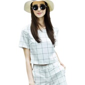 格子印花上衣 奈昕个性 短 郊外拍照女装 短袖 化私人定制 4906夏新款