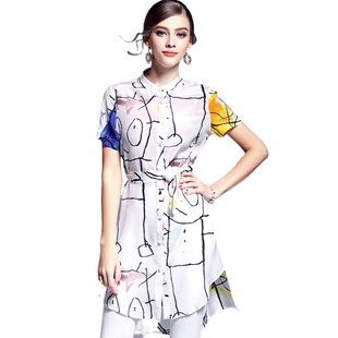 化私人定制 几何图案短袖 119189 式 后长前短连衣 胖MM衬衫 奈昕个性