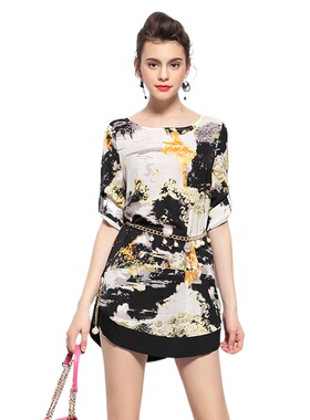 奈昕个性化私人定制 1000600时尚抽象印花新款中袖宽松连衣裙腰带