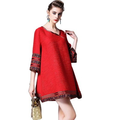 奈昕个性化私人订制 101448 new dress复古七分袖新款a字裙连衣裙