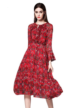 奈昕个性化私人定制112217 dress正品九分袖印花优雅风A字连衣裙