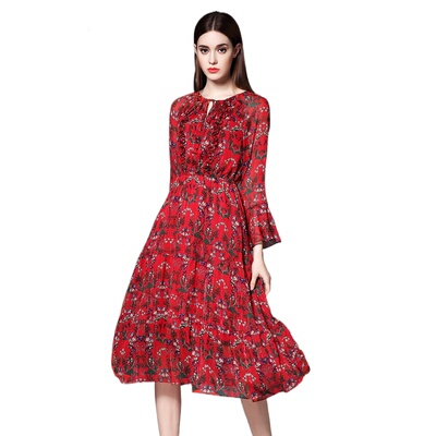 奈昕个性化私人定制112217 dress正品九分袖印花优雅风A字连衣裙