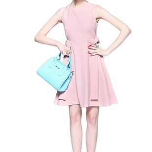 欧美简约少女连衣裙高腰夏 31731纯色拼接修身 奈昕个性 化私人定制