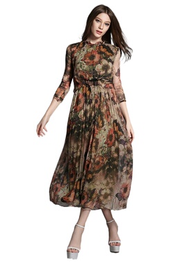 奈昕个性化私人定制 21784 新款dress七分袖网纱印花欧美连衣裙夏