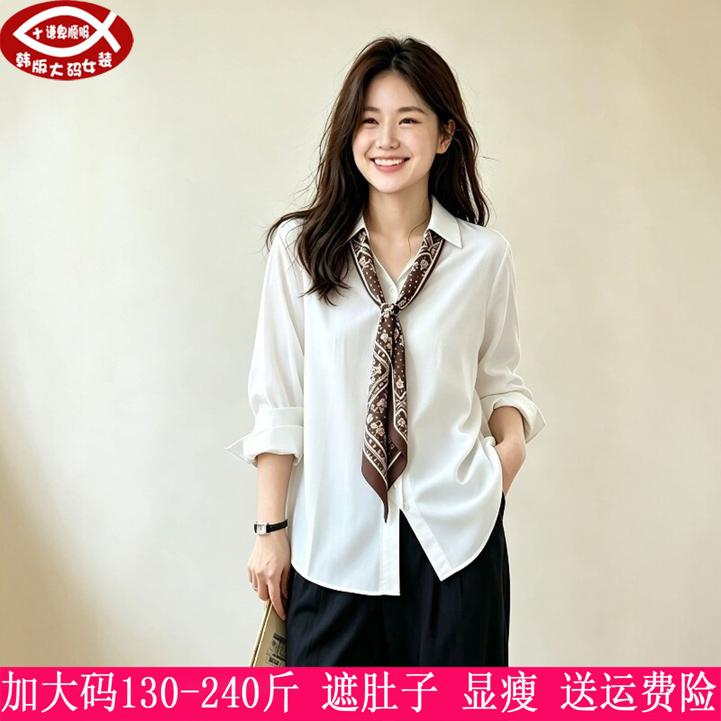 胖mm亚麻遮肚显瘦丝巾衬衫230斤