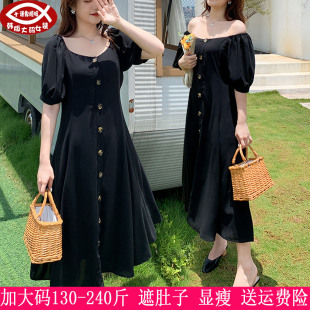 2026夏季新品230斤大码女装200胖mm性感一字领遮肚显瘦A字连衣裙