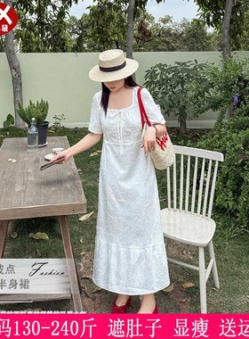 2025夏装新款230斤大码女白色伴娘长裙200胖mm方领显瘦系带连衣裙