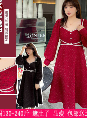 2025春季230斤特大码女新年会派对礼服胖MM红色高腰显瘦连衣裙200