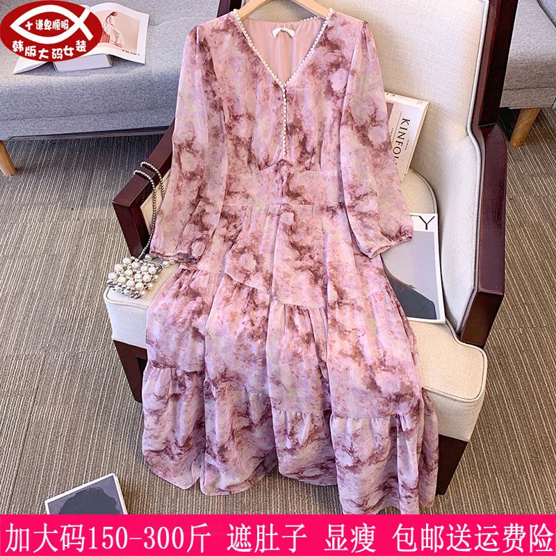 胖mm收腰显瘦V领A碎花连衣裙