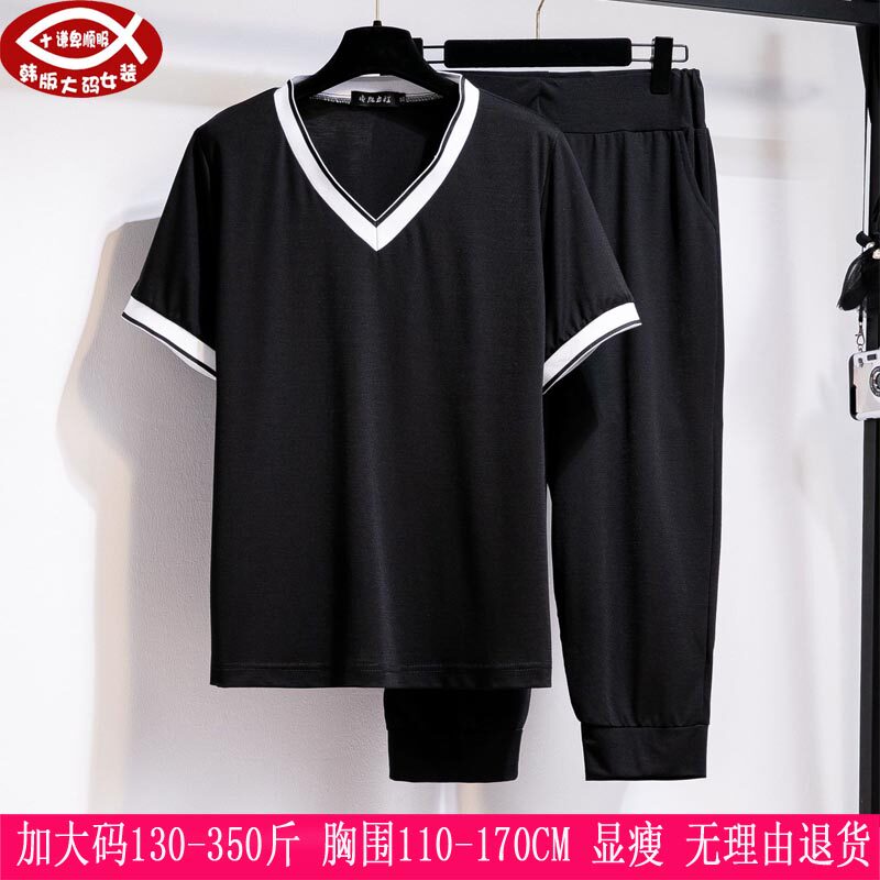 胖mmV领T恤+七分裤两件套350斤