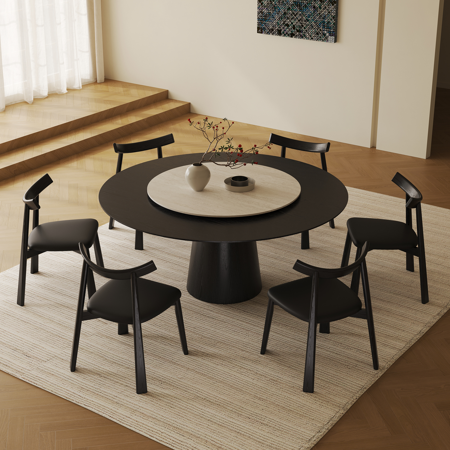 澳洛玛丨烟火大圆桌 圆形实木餐桌家用10人饭桌白蜡木带转盘桌子