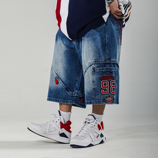 夏季 ACUSA 街头洗水牛仔拼接刺绣贴章过膝牛仔中裤 美式 男 JEANS