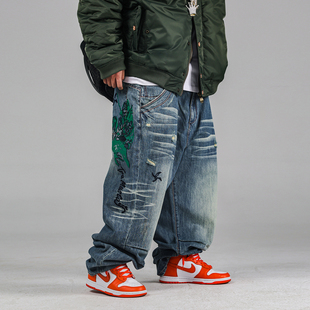 洗水牛仔裤 男宽松直筒长裤 男 街头风忍术系列破坏牛仔裤 ACUSA美式