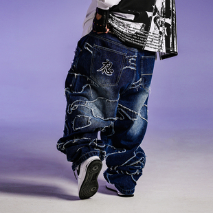 ACUSA美式 男 街头忍者战斗体术形态重工贴布毛边刺绣洗水牛仔长裤