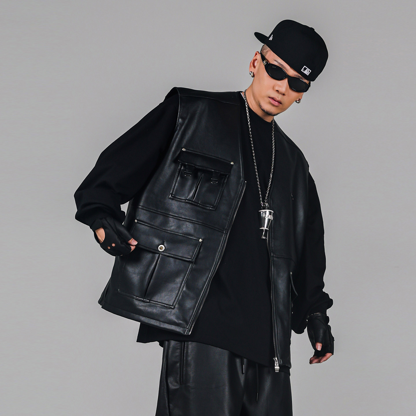 美式复古工装夹克男pu皮马甲