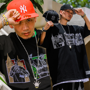 Acusa万针刺绣工艺短袖 T恤纽约三巨头说唱人物插画小领口肥大宽松