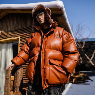 ACUSA 宽松肥大 90年代高蓬松重磅手工塞棉PU皮革面包棉服夹克冬季