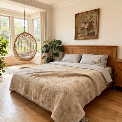 天然汉麻花卉图案休闲毯