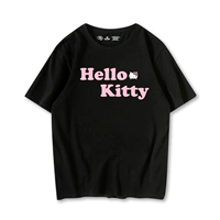 Hello Kitty, белая хлопковая черная футболка, короткий рукав, в корейском стиле