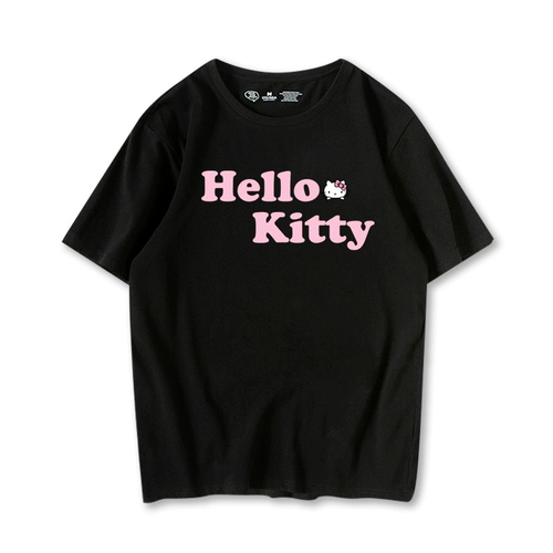 Hello Kitty, белая хлопковая черная футболка, короткий рукав, в корейском стиле