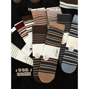 May 保暖羊毛中筒袜女 susu·秋冬长袜韩系条纹撞色美拉德咖色时尚